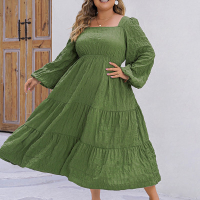 Plus Size Solid Color Loose Square Neck Slim Fit Long Sleeve Dress For Women