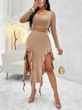 Spring Women's Solid Color Round Neck Long Sleeve Top Ruffled Skirt Two Piece Set