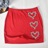 Rhinestone Heart Hollow Crop T-Shirt Short Skirt Fashion Casual Two Piece Set For Women
