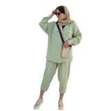Women's Fashion Loose Solid Color Turndown Collar Long Sleeve Shirt Nine-Point Pants Two Piece Set