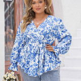 Spring Ruffled Tops Blue V-Neck Printed Long-Sleeved Shirts For Women