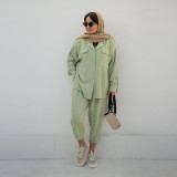 Women's Fashion Loose Solid Color Turndown Collar Long Sleeve Shirt Nine-Point Pants Two Piece Set