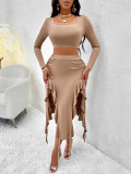 Spring Women's Solid Color Round Neck Long Sleeve Top Ruffled Skirt Two Piece Set