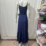 Women Suspender V-neck Tie-up Ruffled Slit Maxi Dress