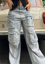 Women American Fashion Retro Cargo Denim Straight Pants