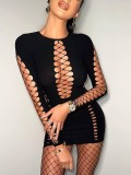Women Sexy Ripped Hollow Long Sleeve Round Neck Dress