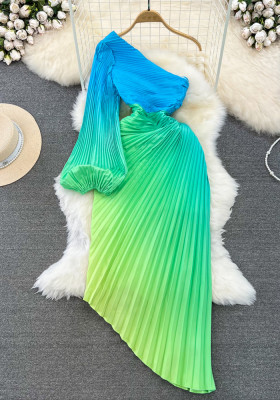 Pleated Lantern Long Sleeve Slash Shoulder Slim Waist Gradient Irregular A-Line Dress