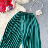 Fashion Women's Short Sleeve Printed Pleated Top High Waisted Slim Fit Wide Leg Pants Two-Piece Set