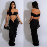 Fashion Women's Solid Color Sexy Off Shoulder Crop Top Pleated Skirt Two Piece Set