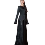 Women's Fashionable Solid Color Long Sleeve Chic Diamond Chain Long Dress