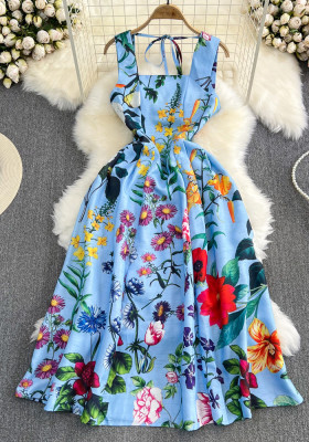 Retro Straps Fashionable Printed Slim Waist A-Line Dress Beach Holidays Long Dress