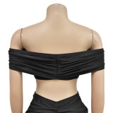 Fashion Women's Solid Color Sexy Off Shoulder Crop Top Pleated Skirt Two Piece Set