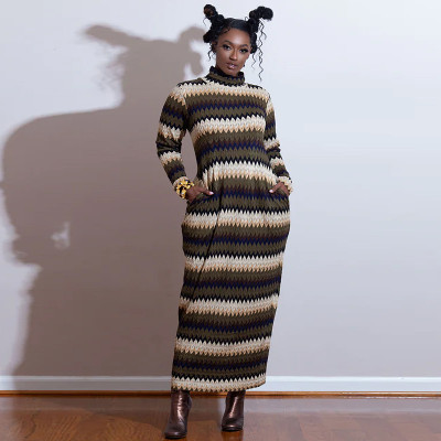 Spring Turtleneck Stripe Print Long-Sleeved Dress