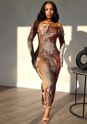 Women's Retro Fashion Print Sexy Off Shoulder Long Sleeve Trendy Dress