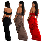 Fashion Women's Solid Color Sexy Off Shoulder Crop Top Pleated Skirt Two Piece Set