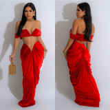 Fashion Women's Solid Color Sexy Off Shoulder Crop Top Pleated Skirt Two Piece Set