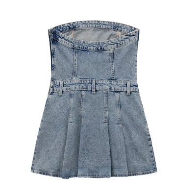 Summer Women's Strapless Pleated Denim Dress