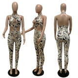 Women's Spring Casual Print Hollow Halter Backless Jumpsuit