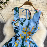 Retro Straps Fashionable Printed Slim Waist A-Line Dress Beach Holidays Long Dress