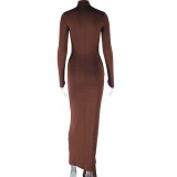 Women's Solid Color Round Neck Long-Sleeved Streamer Tie Chic Long Dress