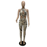 Women's Spring Casual Print Hollow Halter Backless Jumpsuit