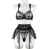 Women Star Print See-Through Mesh Sexy Lingerie Three-Piece