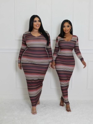 Women Ribbed Printed Stripe Round Neck Long Sleeve Dress