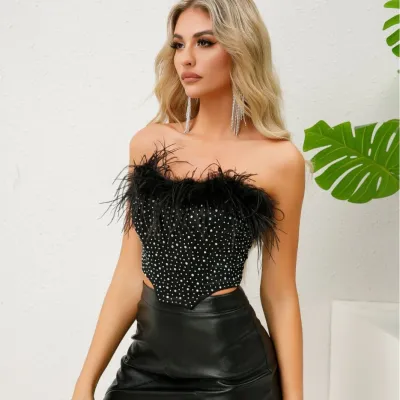 Women Herringbone Beaded Feather Bra Vest Crop Top