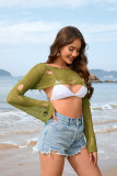 Women Spring Summer Beach Cover Up Solid Bell Bottom Sleeve Knitting Top