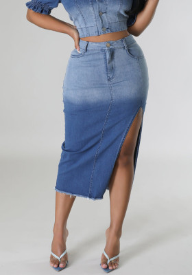 Women Stretch Slit Gradient Denim Skirt