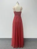 Women suspender high slit back zipper collar red dress