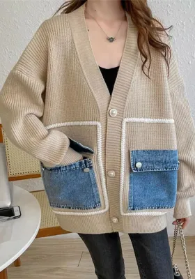 Women Denim Pocket Patchwork Loose Casual Sweater