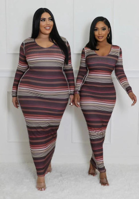 Women Ribbed Printed Stripe Round Neck Long Sleeve Dress