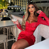 Women Lace See-Throu Sexy Bell Bottom Sleeve Red Dress