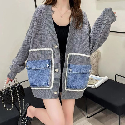 Women Denim Pocket Patchwork Loose Casual Sweater
