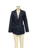 Spring And Spring Women's Fashion Chic Printed Turndown Collar Long Sleeve Belted Blazer
