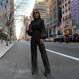 Spring And Winter Long Sleeve Stand Collar Fashion Casual Wide Leg Jumpsuit