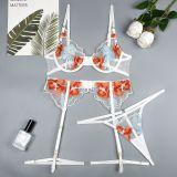 Women's Flower Embroidered Sexy Bikini Garter Three-Piece Lingerie Set