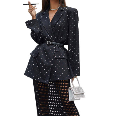 Spring And Spring Women's Fashion Chic Printed Turndown Collar Long Sleeve Belted Blazer