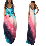 Women Sleeveless Strap Printed Beach Dress