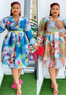 Plus Size African Women V Neck Printed Dress with Belt
