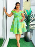 Plus Size African Women Summer V Neck Backless Floral Dress