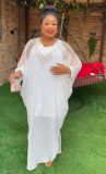 Plus Size African Women V Neck Beaded Loose Bat Sleeves Dress