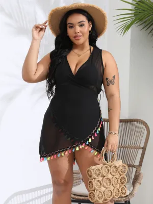 Plus Size Women Irregular Tassel Crossover Lace-Up Beach Skirt