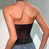 Women Solid See-Through Mesh Patchwork Backless Pleated Diamond Fishbone Top