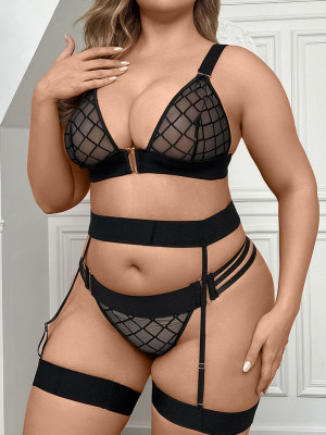 Plus Size Women Lacemesh See-Through Mesh sexy Lingerie Three-Piece