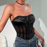 Women Solid See-Through Mesh Patchwork Backless Pleated Diamond Fishbone Top