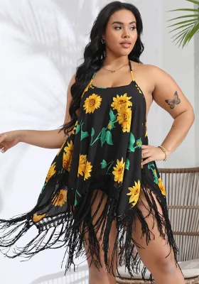 Plus Size Women Beach Strap Printed Handhook Tassel Lace-Up Backless Dress