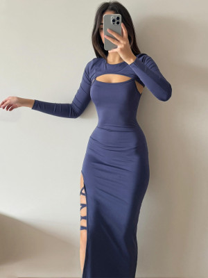 Women's Spring Long Sleeve Cape Top Lace-Up Sexy Straps Slit Bodycon Dress Two Piece Set
