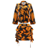 Printed Puff Sleeve Shirt Short Skirt Plus Size Two-Piece Set
